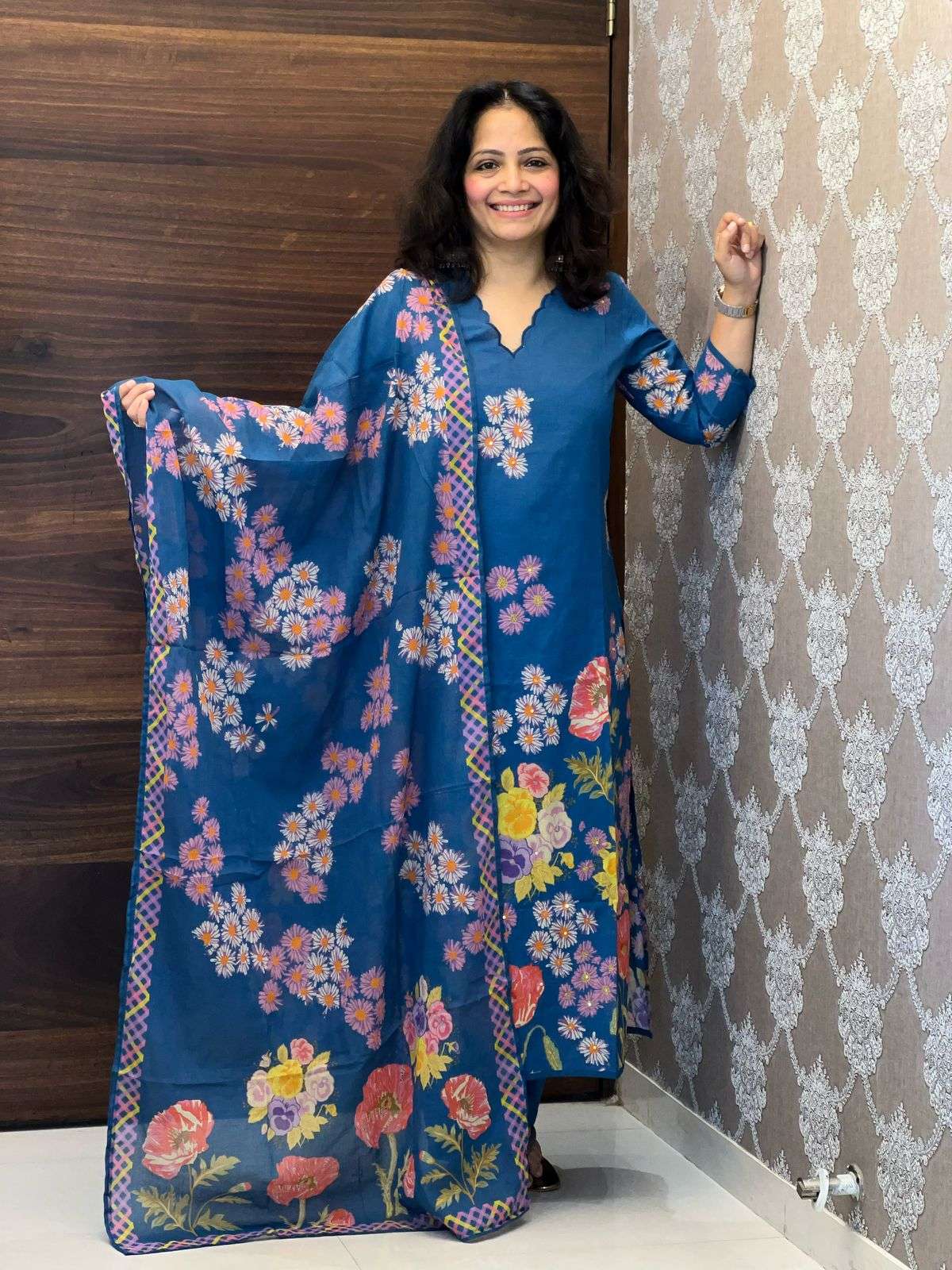 Blue Color Digital Print Premium Cotton Dupatta Set