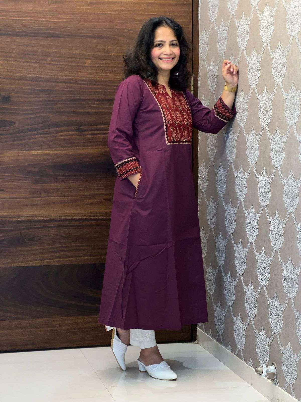 Wine Color Deshi Cotton A Line Kurti