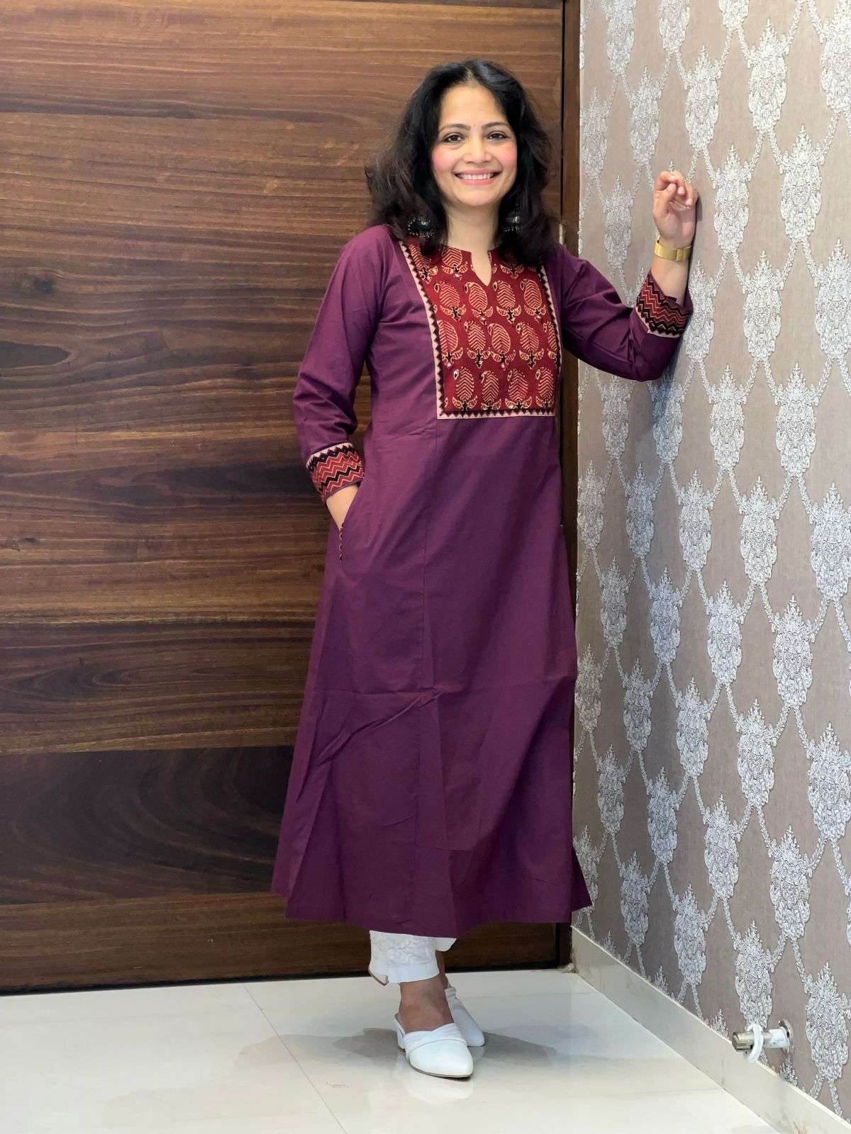Wine Color Deshi Cotton A Line Kurti