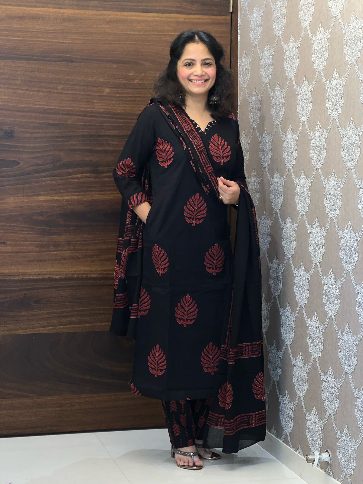 Black Color Block-Printed Pure Cotton Dupatta Set
