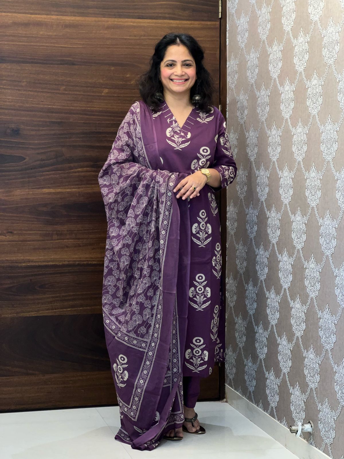 Purple Color Block-Printed Pure Cotton Dupatta Set