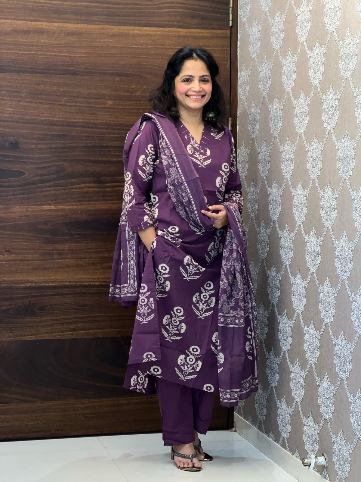 Purple Color Block-Printed Pure Cotton Dupatta Set
