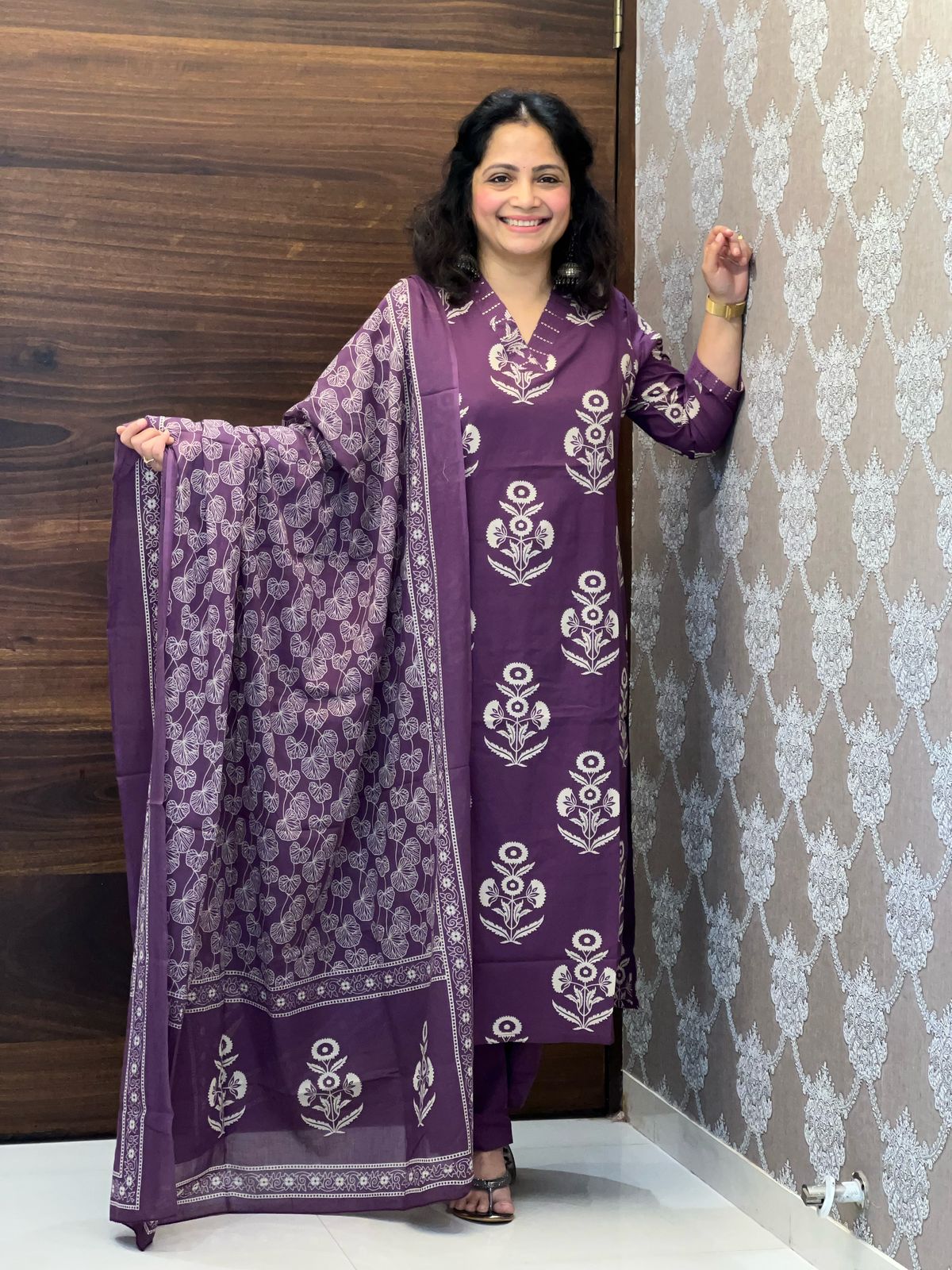 Purple Color Block-Printed Pure Cotton Dupatta Set