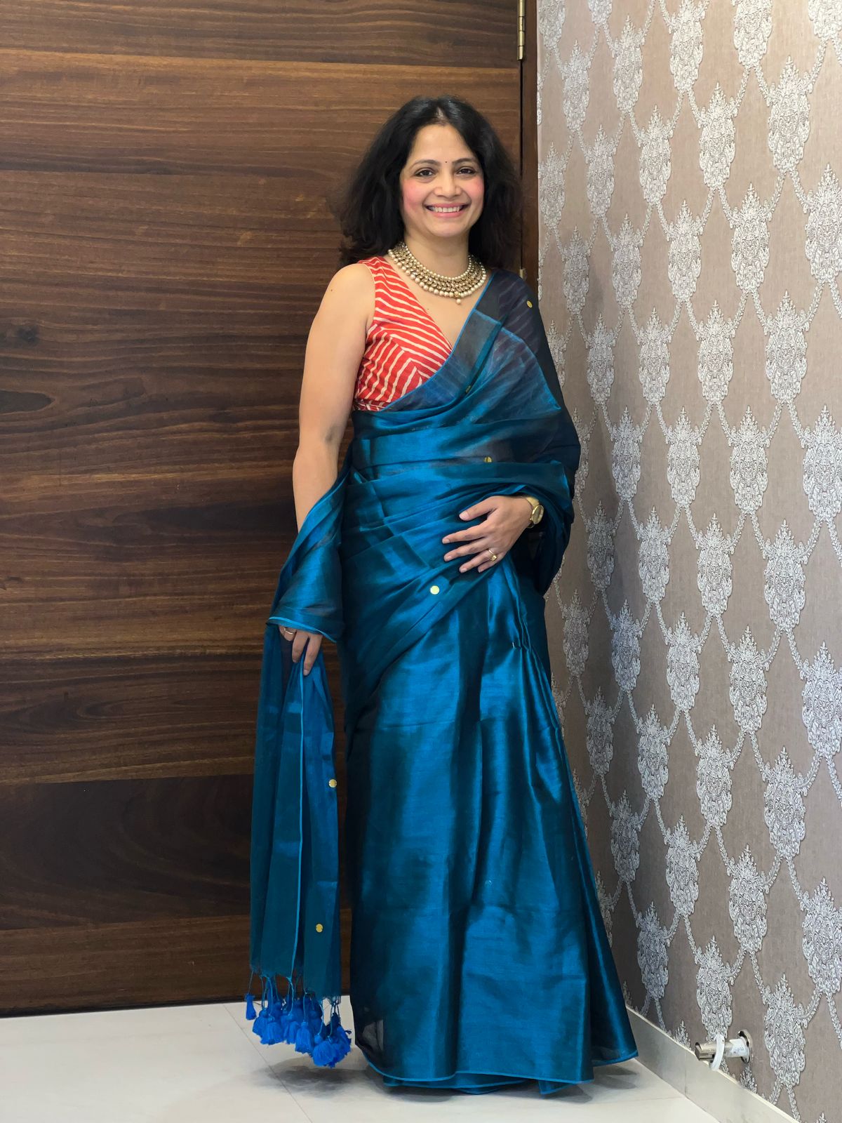 Teal Blue Color Metallic Tissue Silk Saree