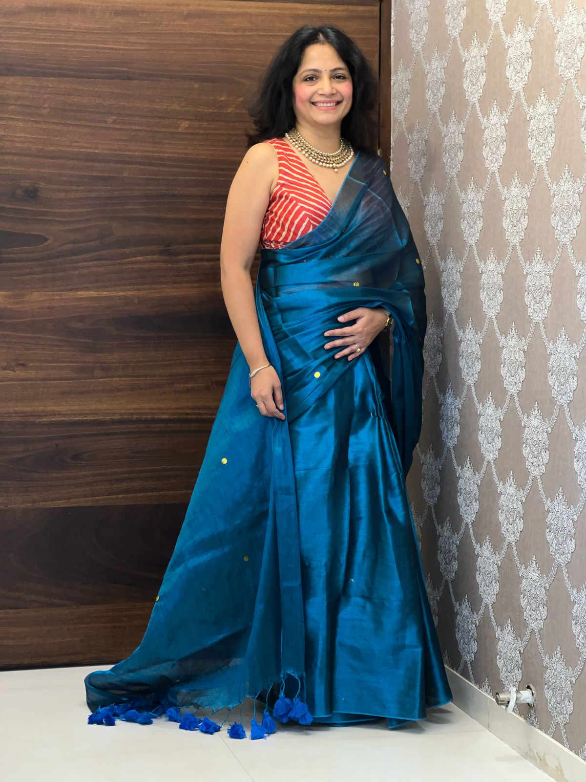 Teal Blue Color Metallic Tissue Silk Saree