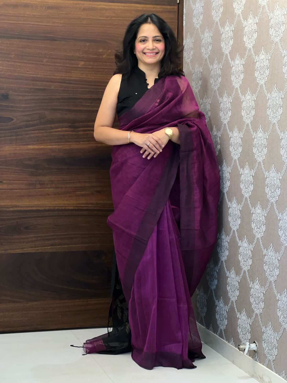 Deep Plum Linen Jamdani Saree