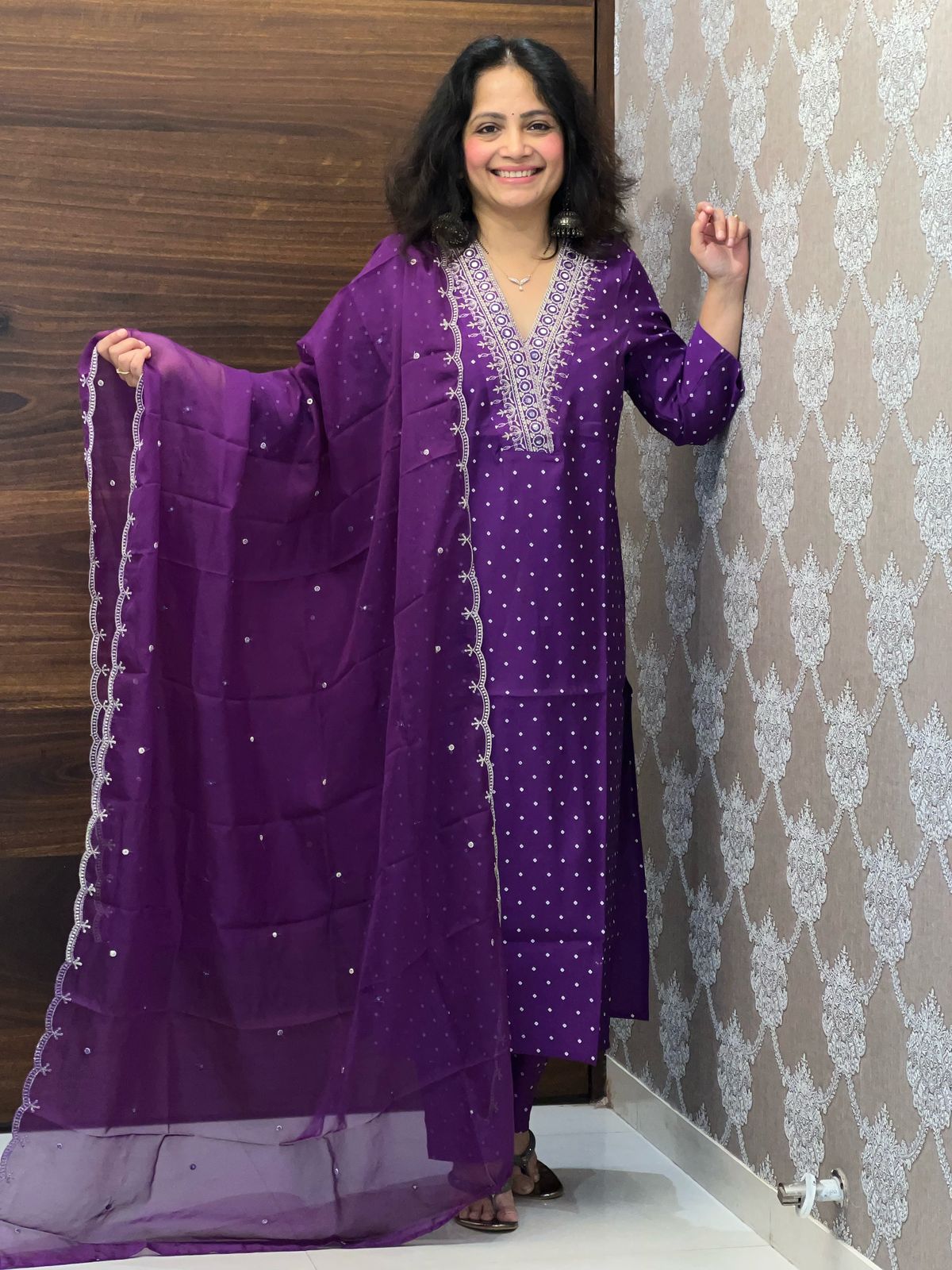 Purple Color Linen Silk Dupatta Set