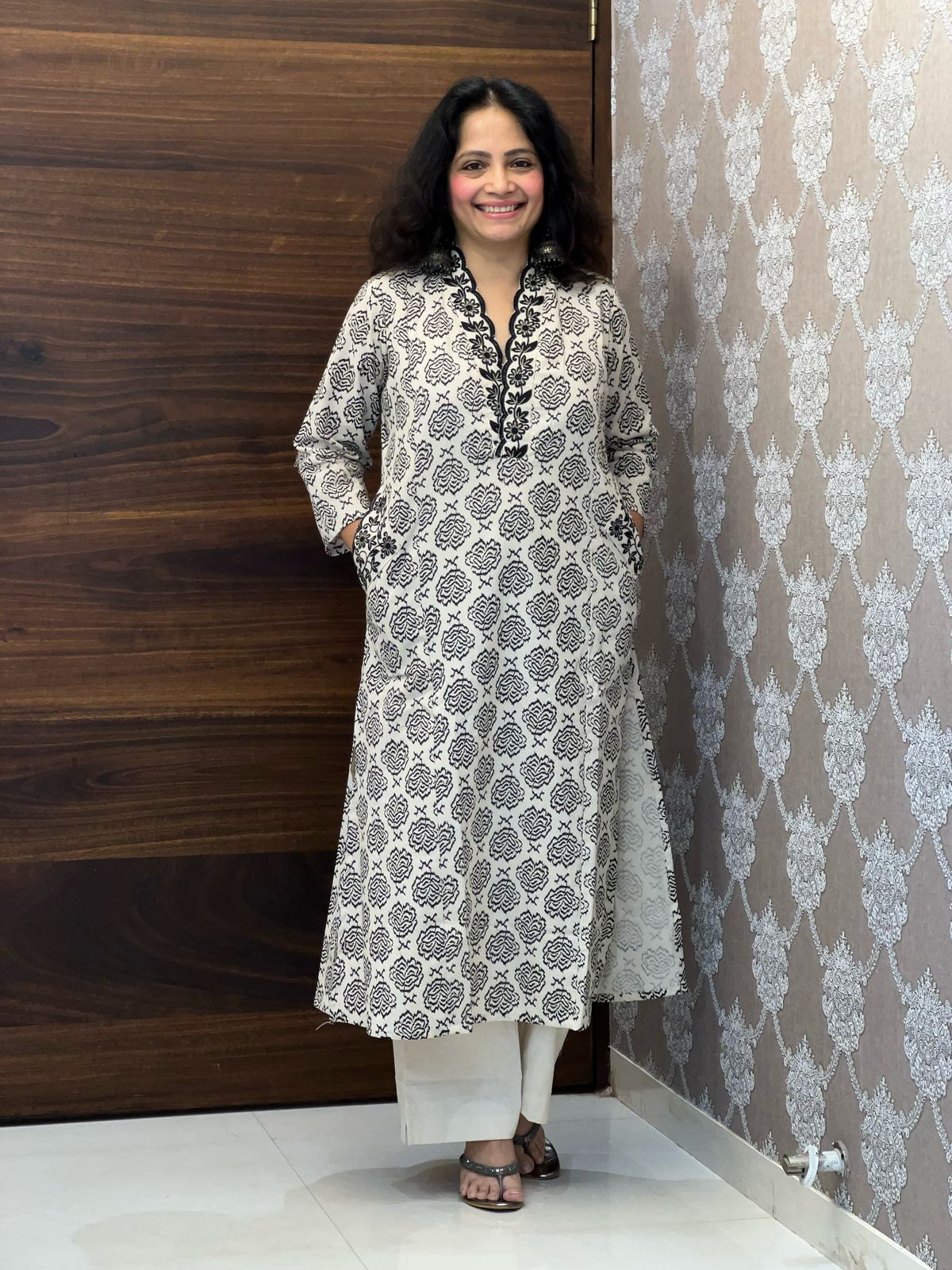 Beige Color Cotton Flex A-Line Kurti-Palazzo Set