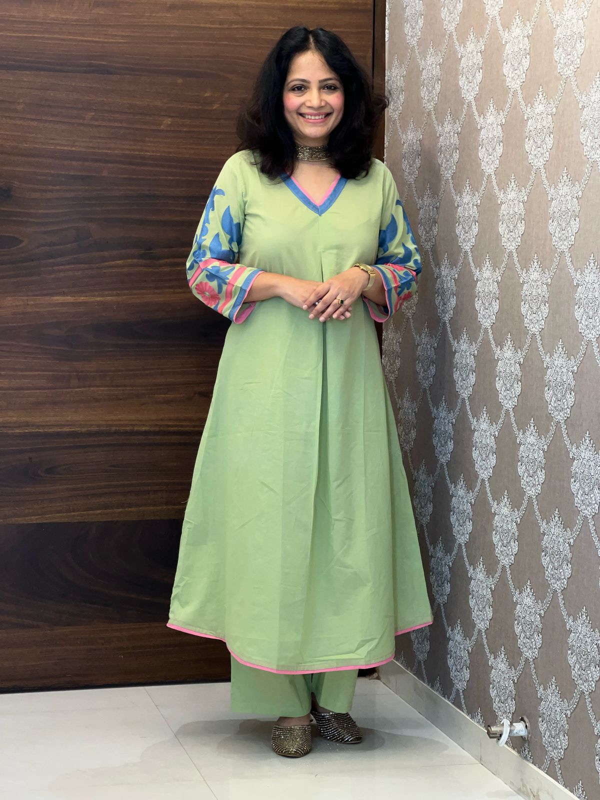 Green Color Cotton A-Line Kurti-Palazzo Set