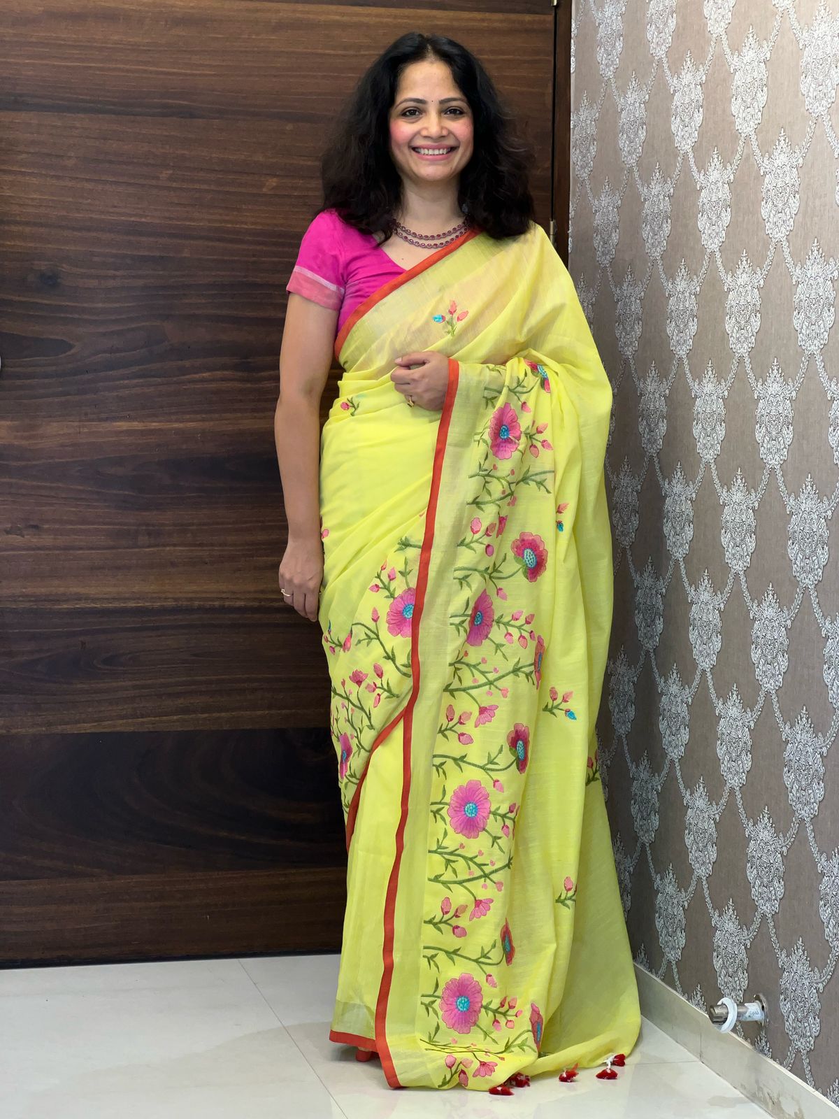 Yellow Color Handloom Cotton With Embroidery