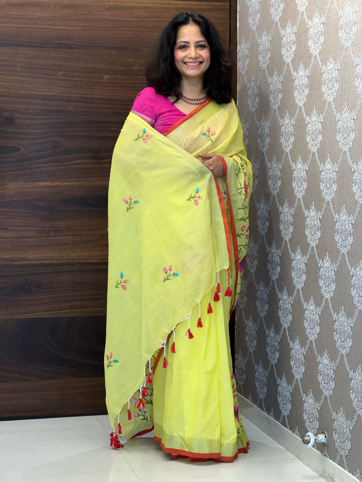 Yellow Color Handloom Cotton With Embroidery