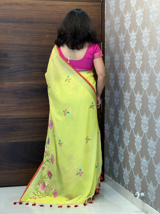 Yellow Color Handloom Cotton With Embroidery