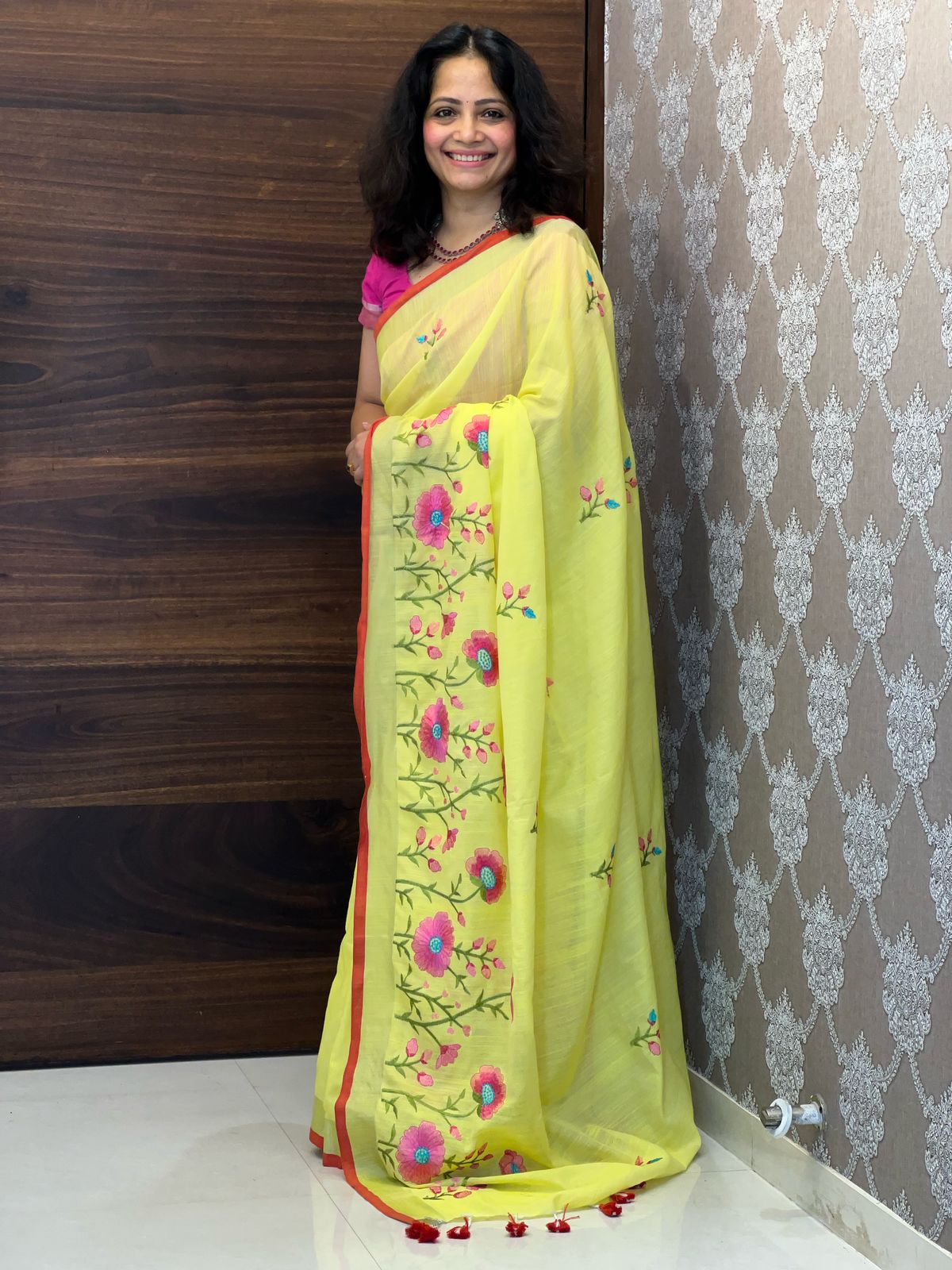 Yellow Color Handloom Cotton With Embroidery