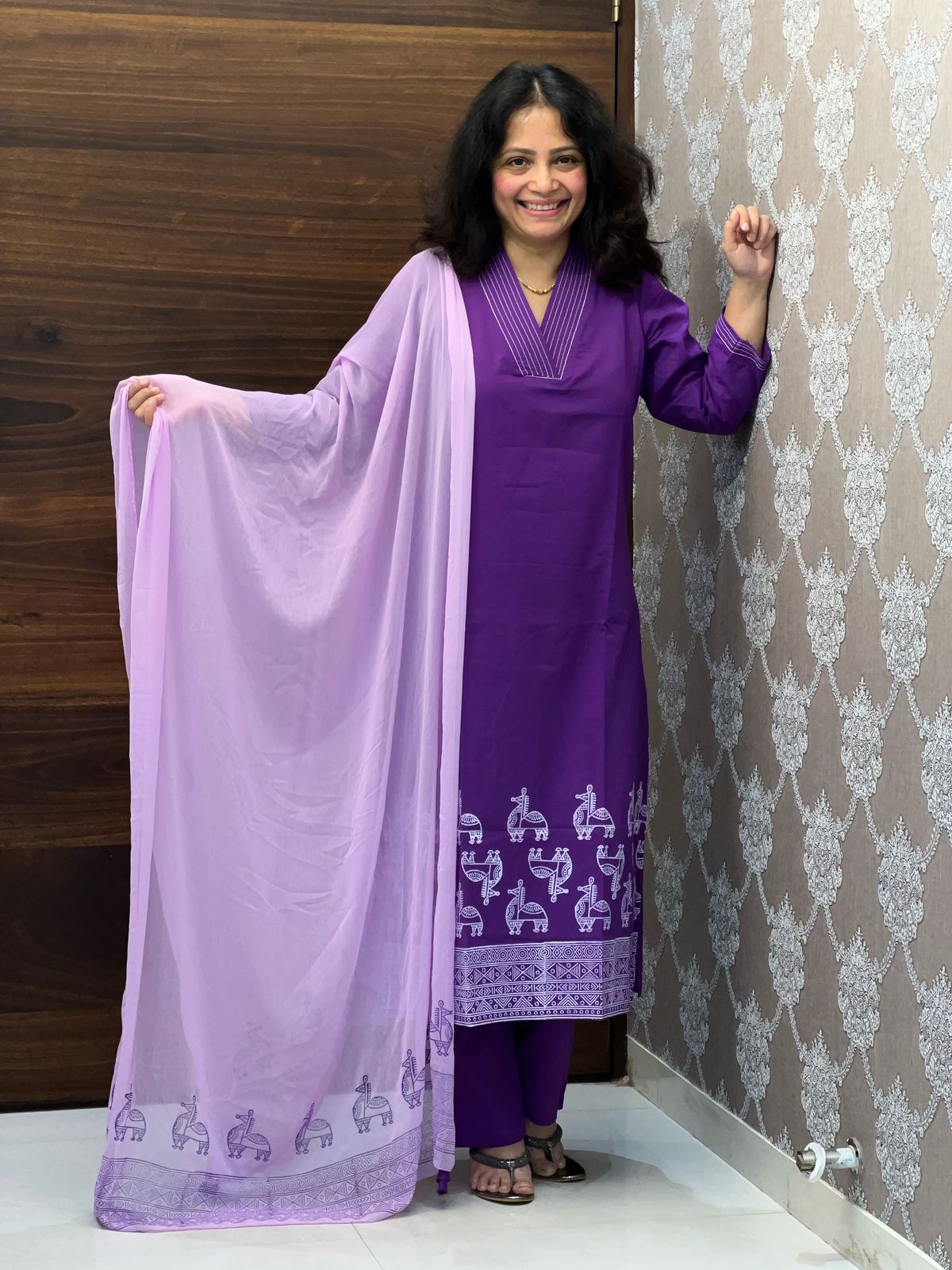 Hand-Block Printed Purple-Lavender Color Pure Cotton Dupatta Set