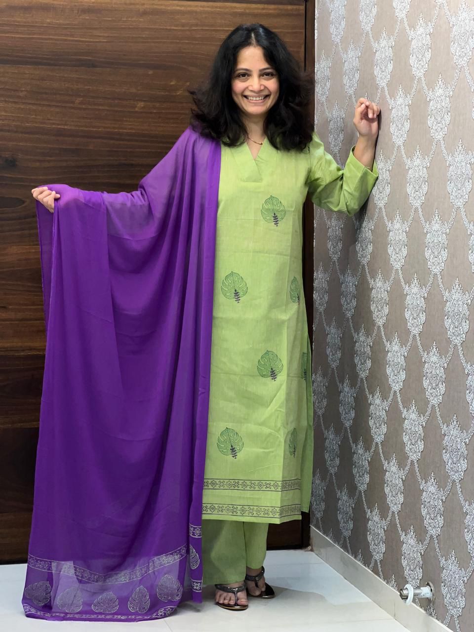 Hand-Block Printed Green-Purple Color Cotton Flex Dupatta Set