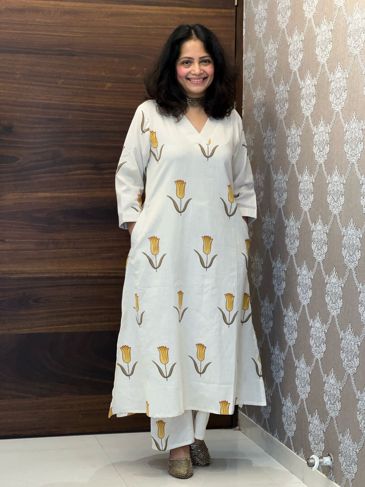 Beige Color Cotton Flex A-Line Kurti-Palazzo Set