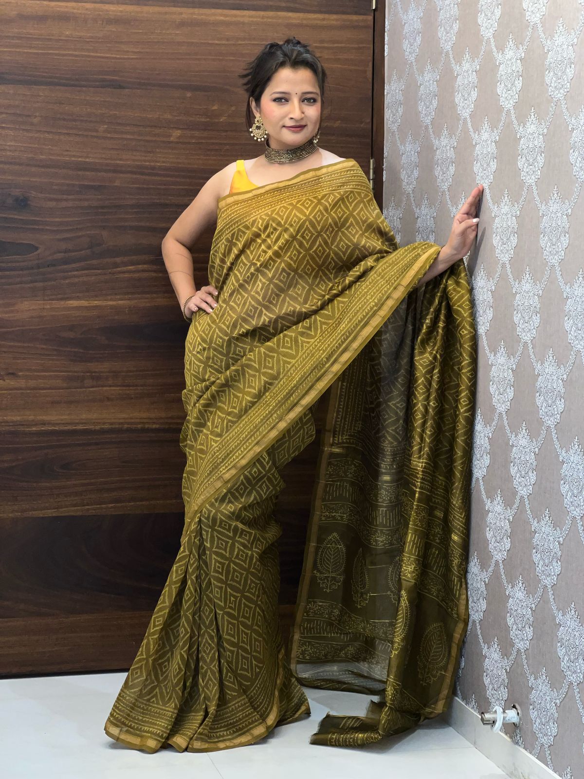 Green Color Hand block Printed Chanderi Silk