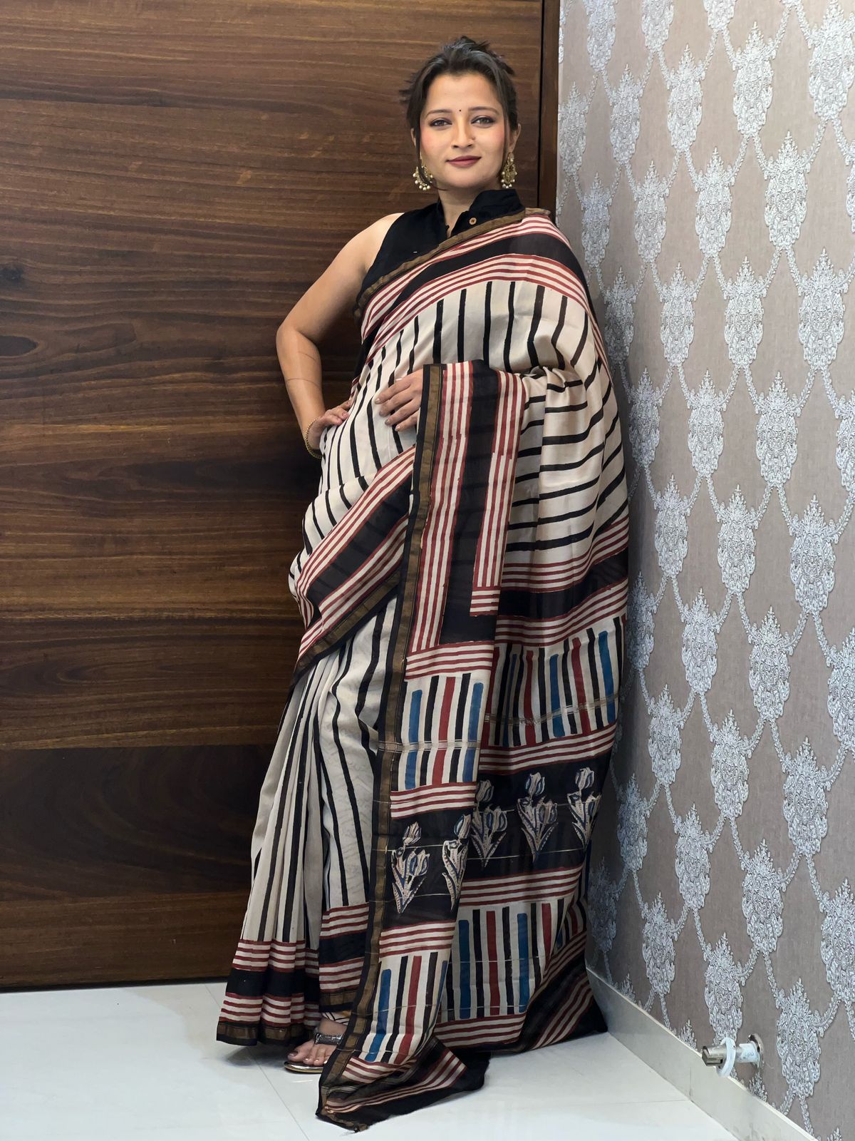 Beige Color Hand block Printed Chanderi Silk