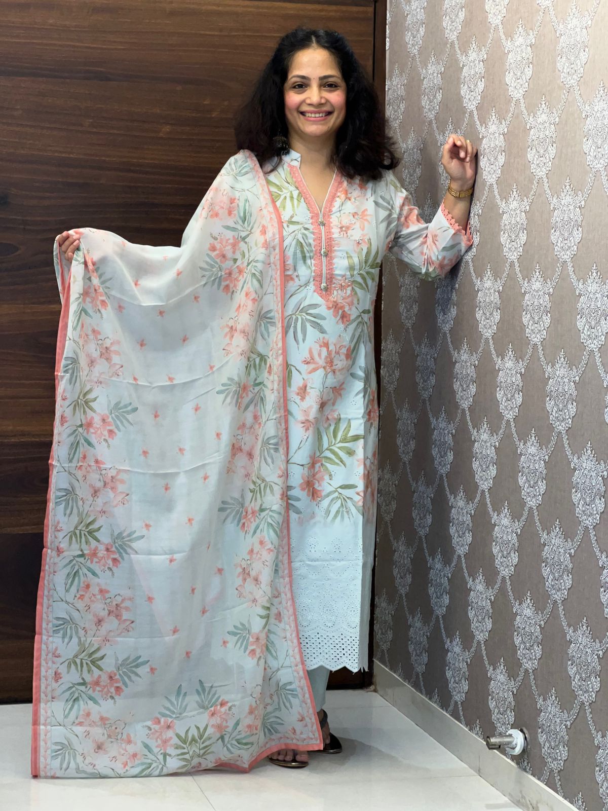 Pastel Blue Colour Digital Cotton Shiffly Dupatta Set