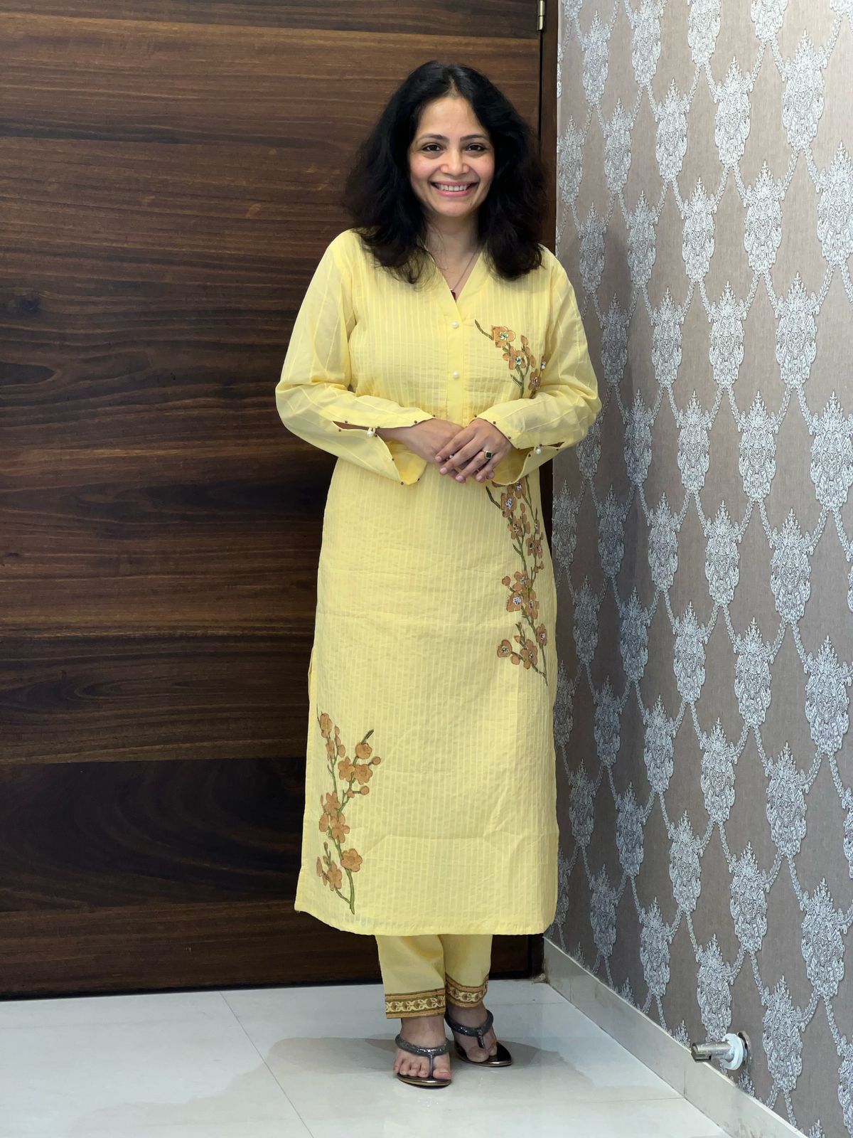 Placement Print Light Yellow Color Cotton Kurti-Pant Set