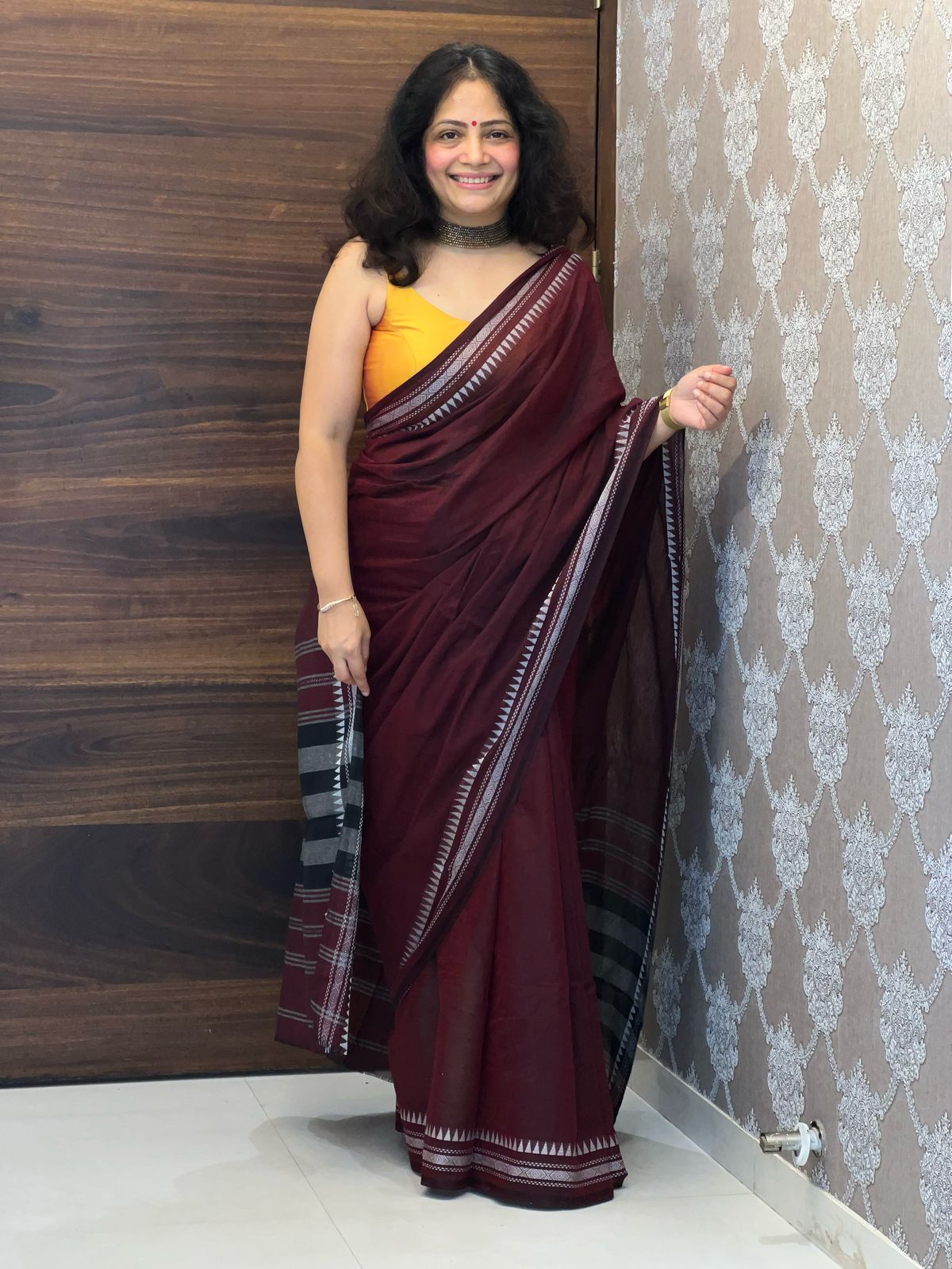 Bengal Exclusive Wine Color Hand Made Organic Khadi Saree