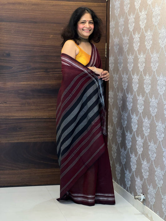 Bengal Exclusive Wine Color Hand Made Organic Khadi Saree