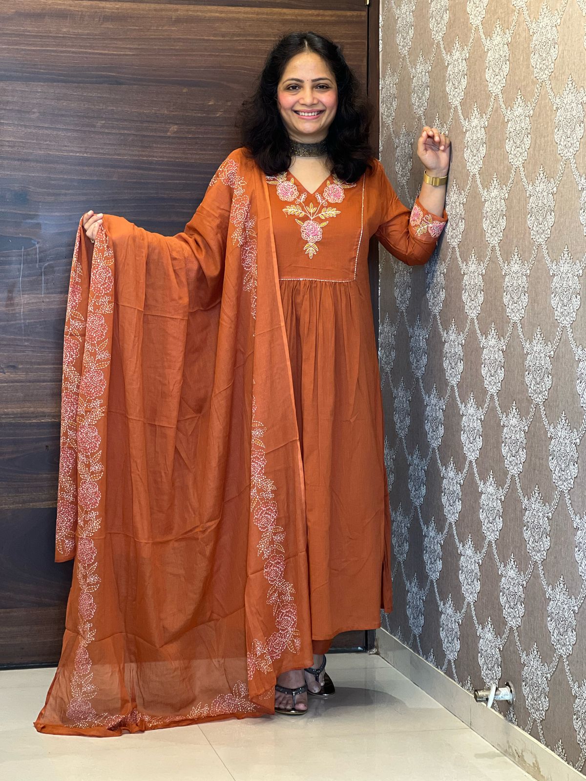 Burnt Orange Colour Mulmul Cotton Dupatta Set