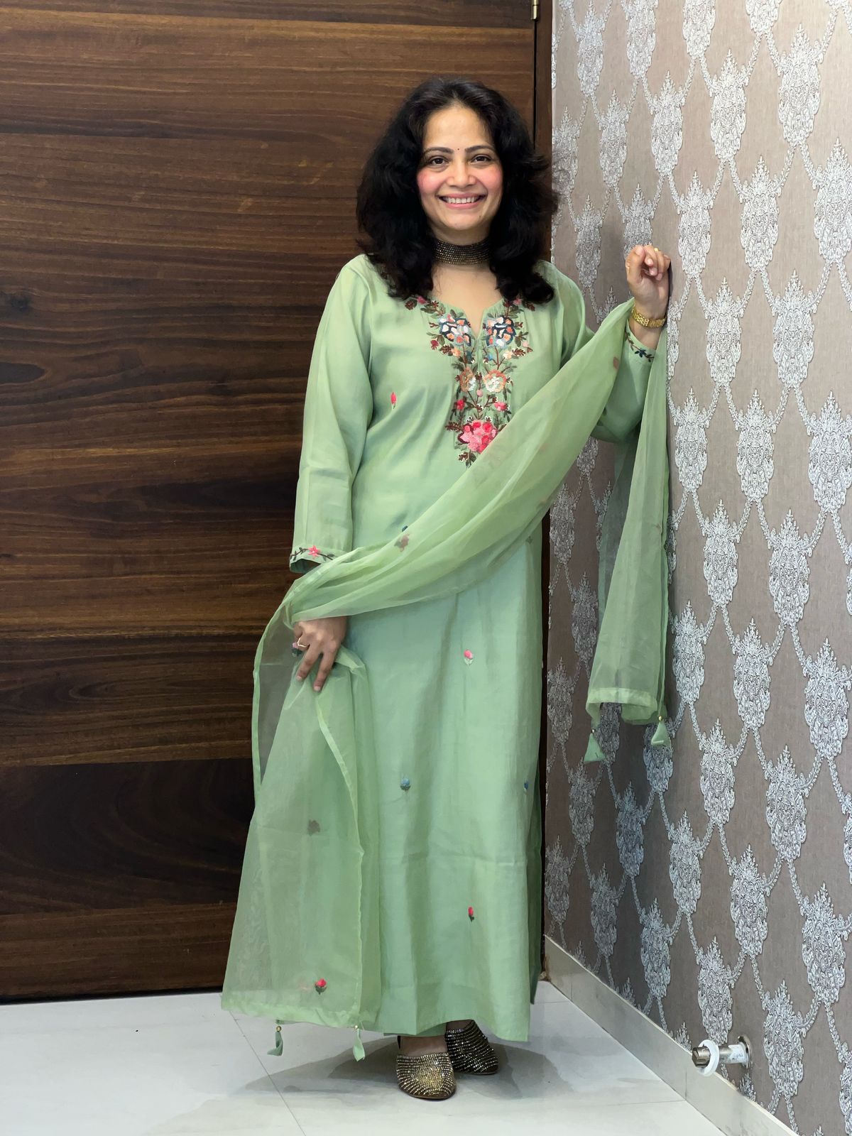 Pista Colour Roman Silk Dupatta Set