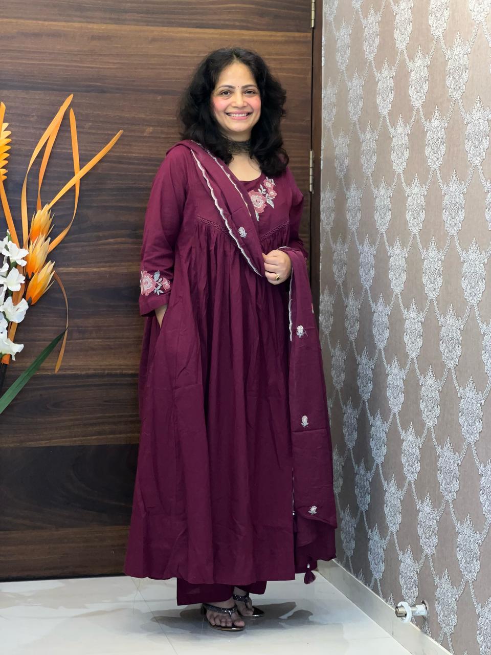 Deep Maroon Colour Premium Cotton Anarkali Dupatta Set