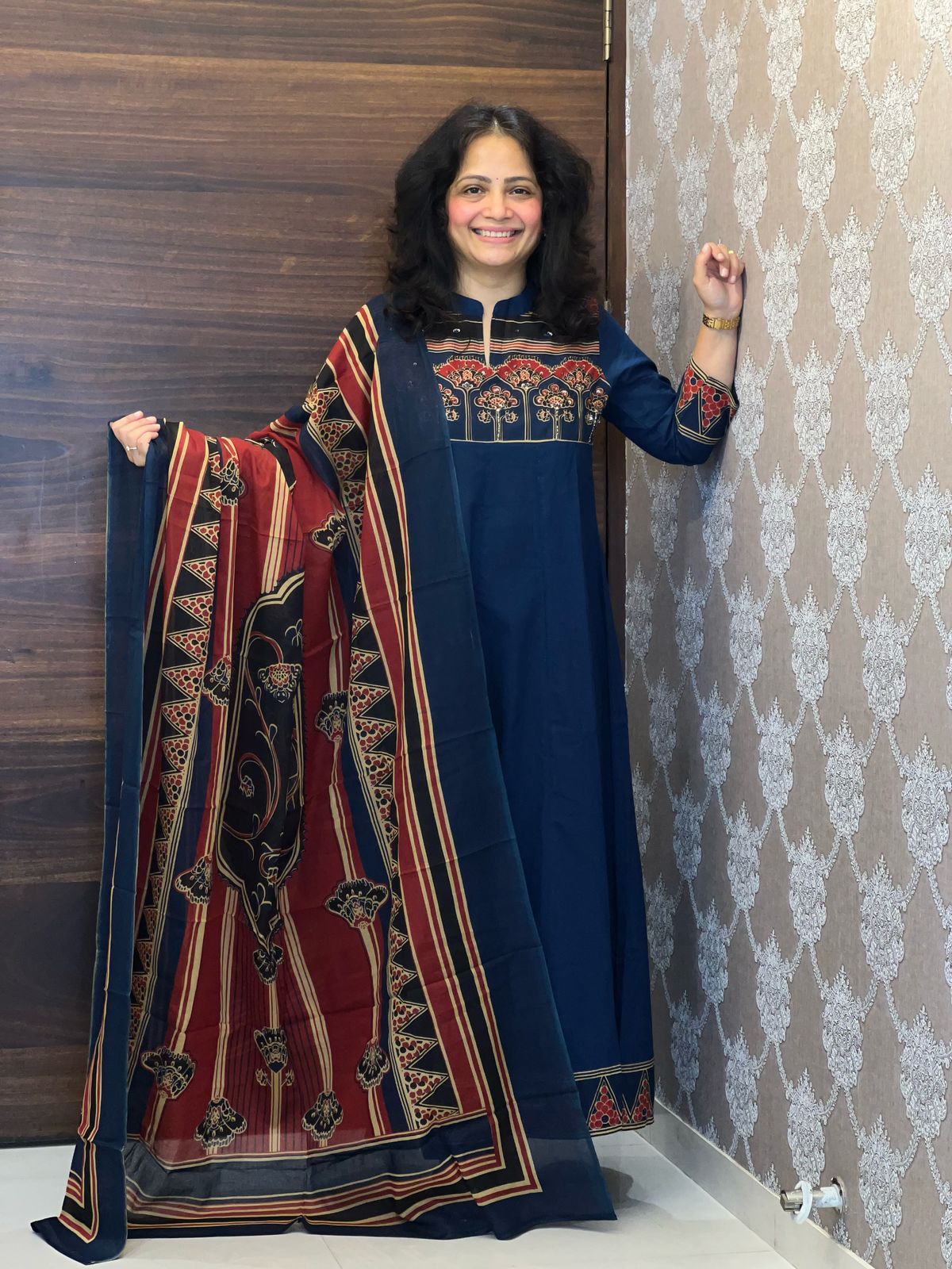 Blue Colour Ajrakh Print Premium Cotton Anarkali Dupatta Set