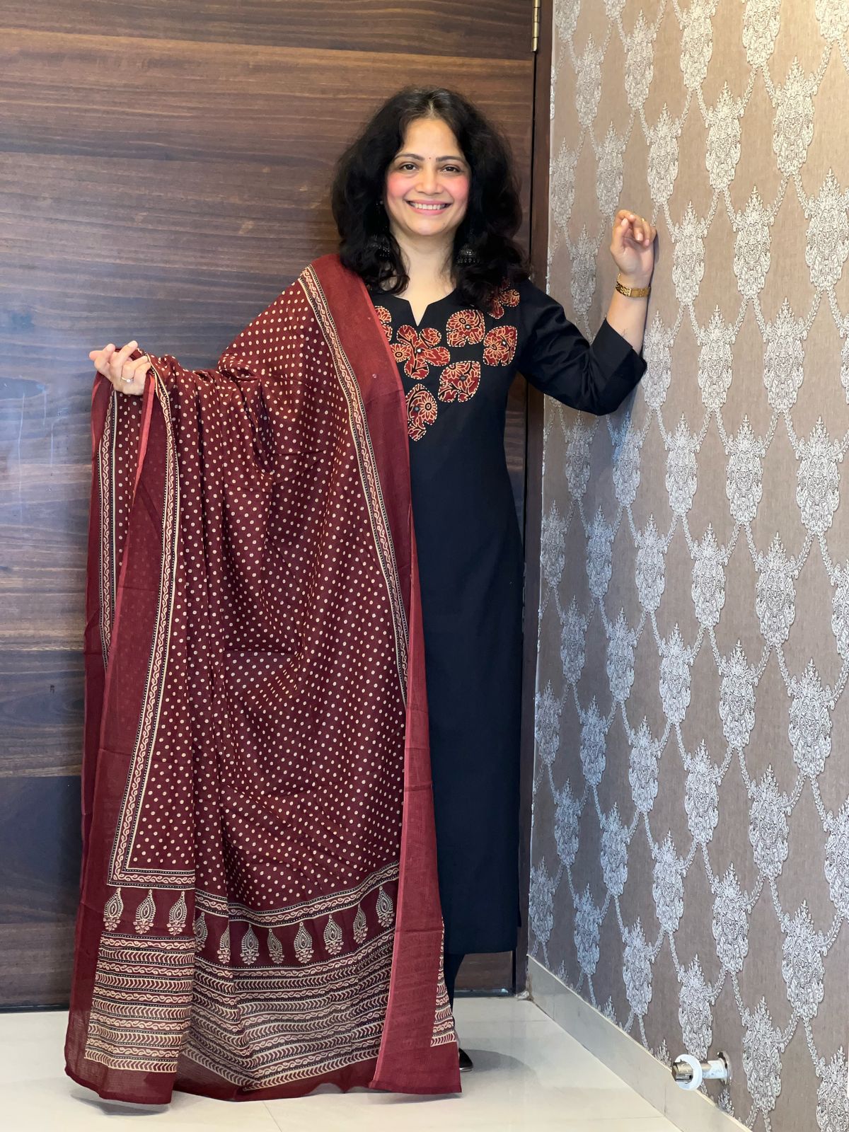 Black Color Applique Work Dupatta Set