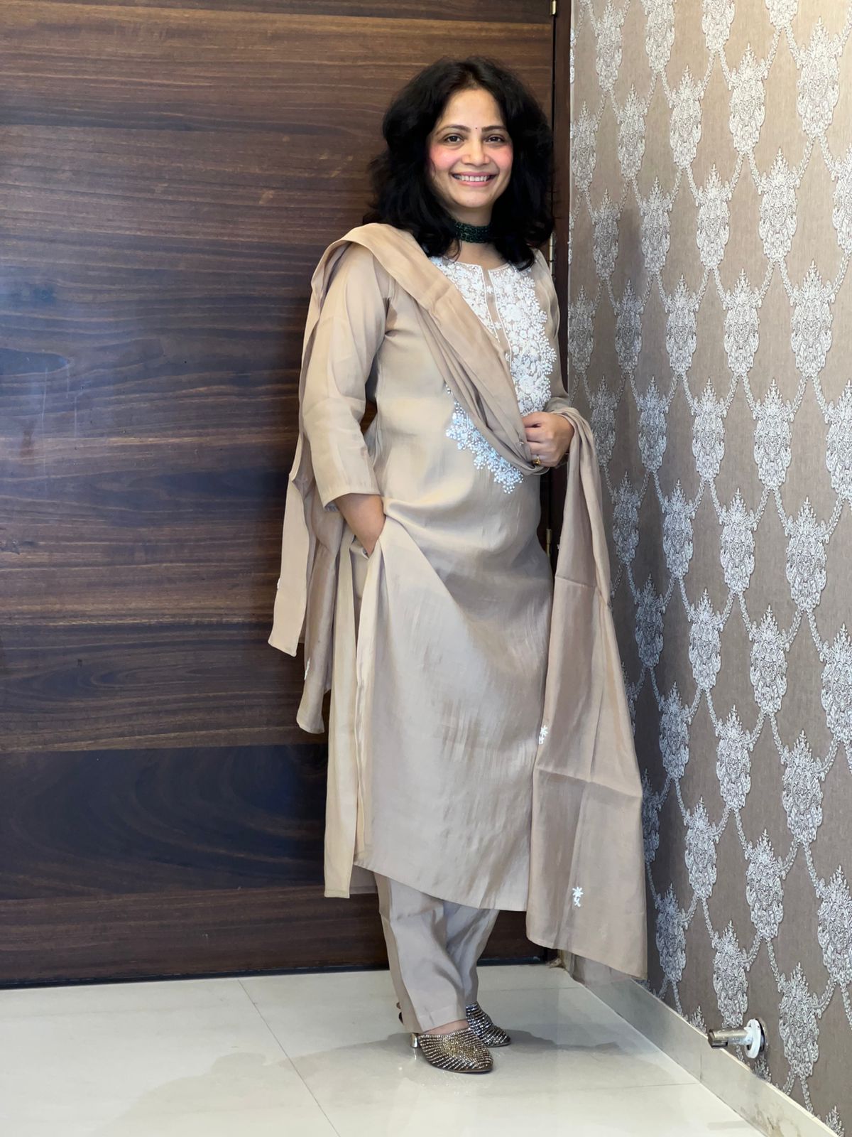 Nude Beige Color Muslin Dupatta Set