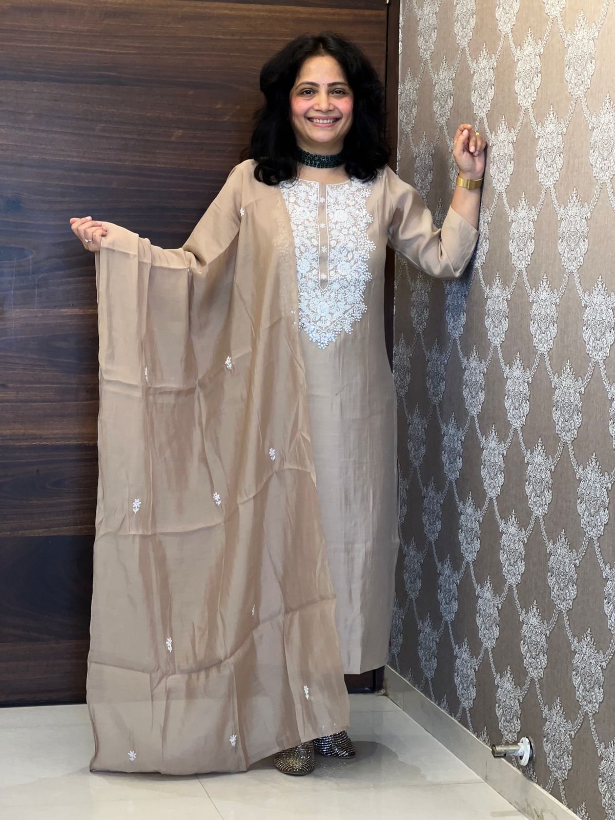 Nude Beige Color Muslin Dupatta Set