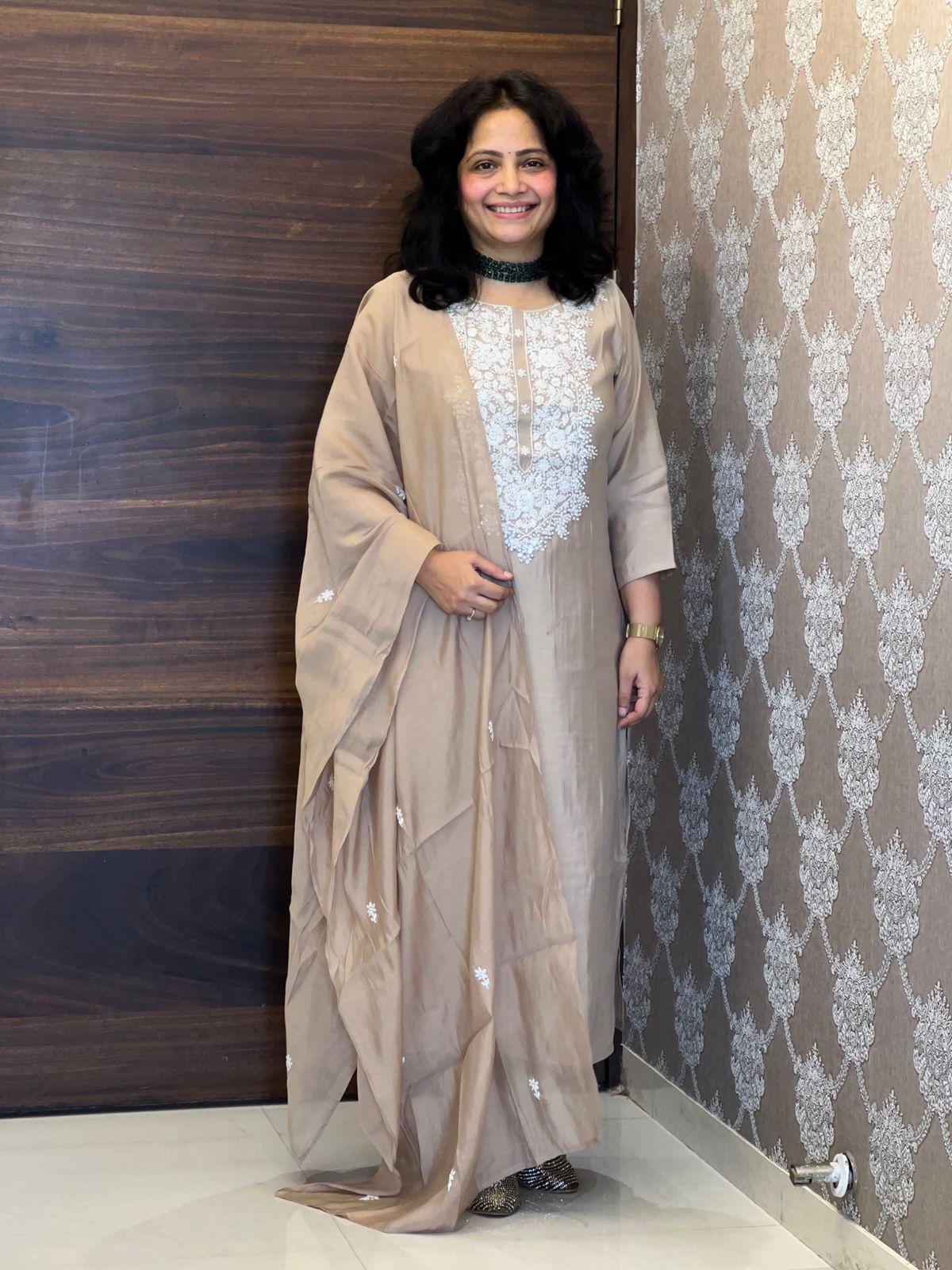 Nude Beige Color Muslin Dupatta Set