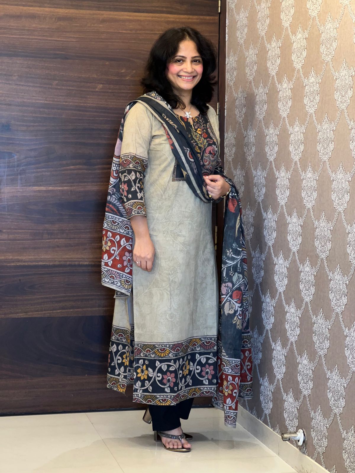 Digital Printed Beige Colour Pure Cotton Dupatta Set