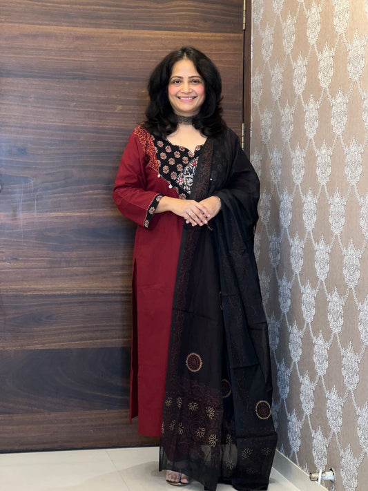 Maroon Color Kalamkari Pure Dupatta Set