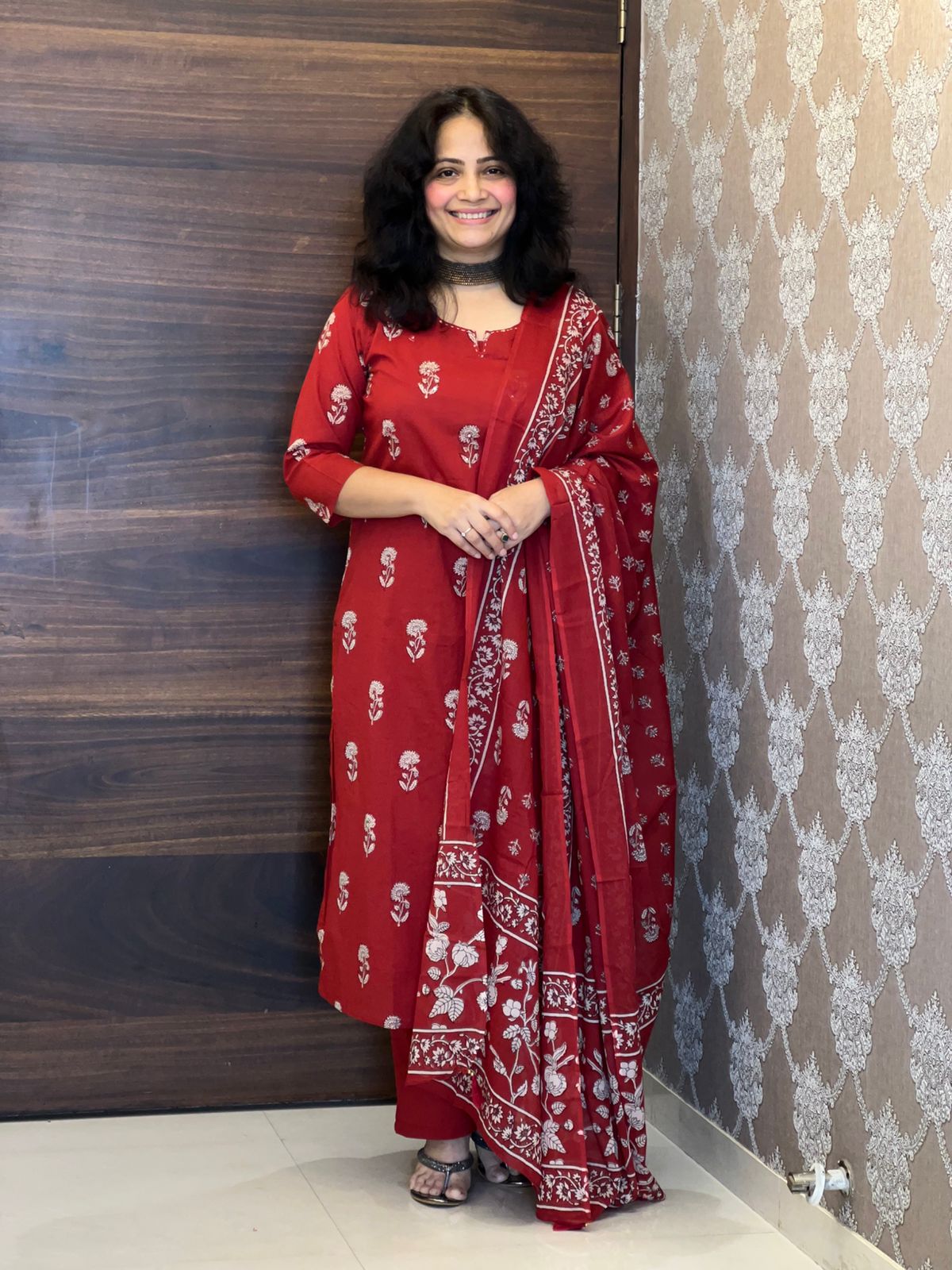 Hand-Block Printed Red Color Pure Cotton Dupatta Set