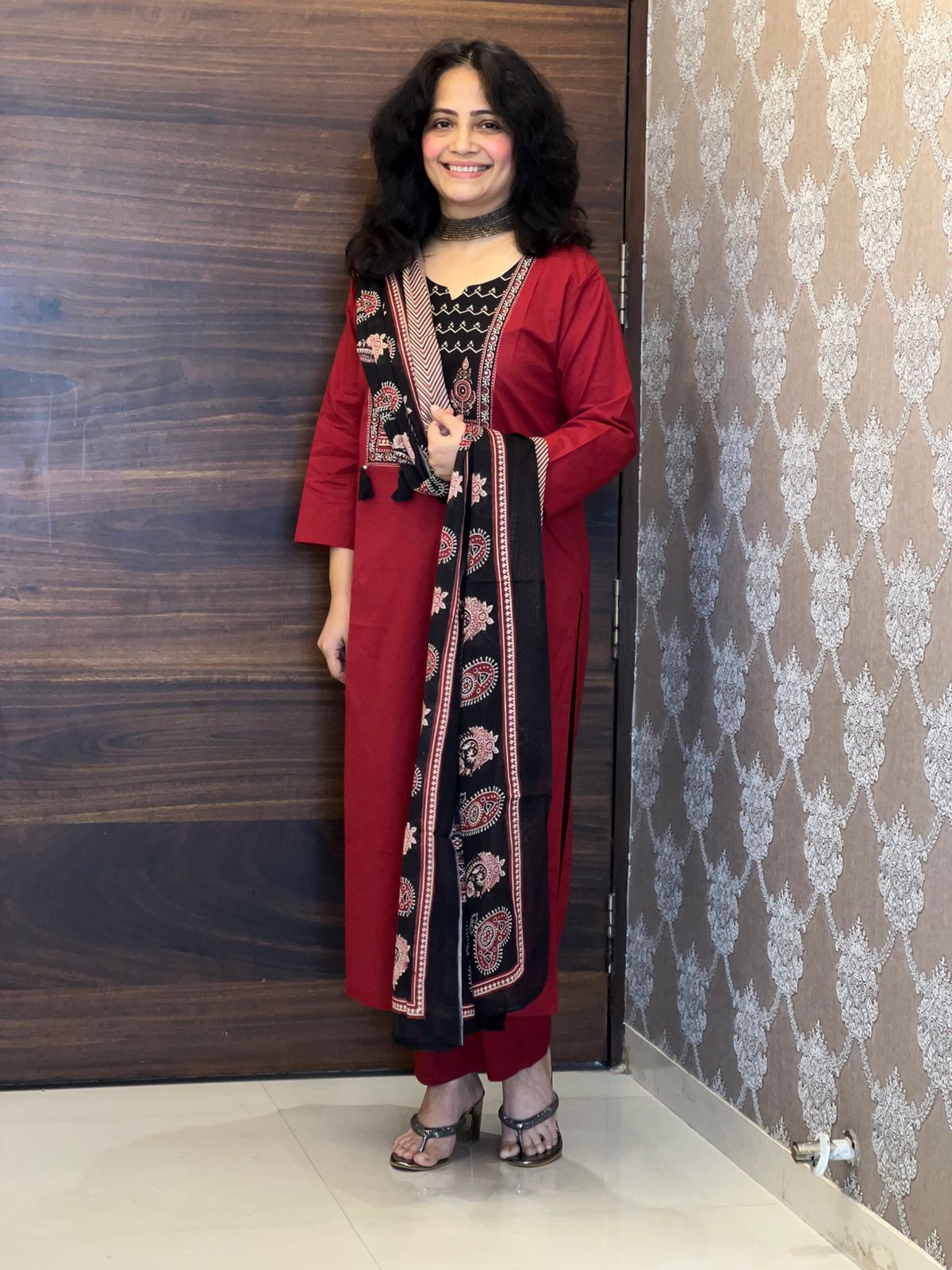 Maroon-Black Color Pure Cotton Dupatta Set