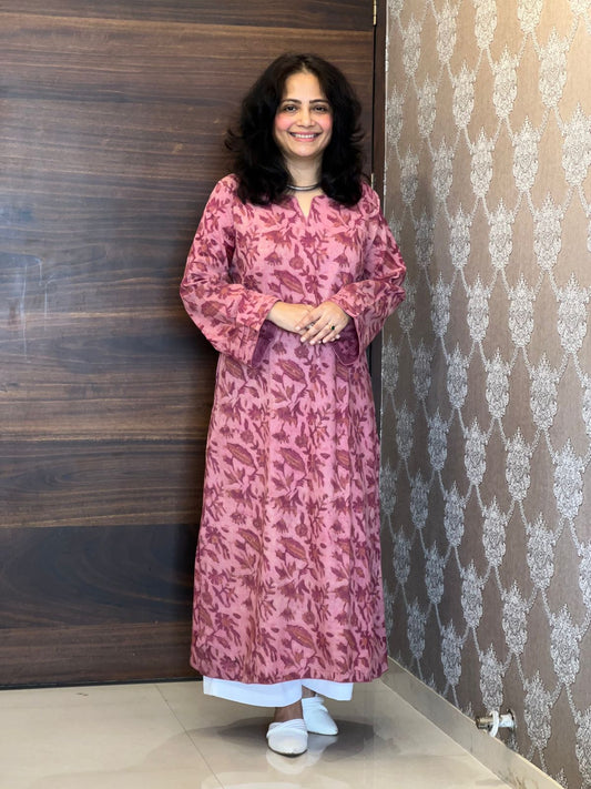 Pink Color Vanaspati Hand Block Print Pure Cotton A Line Kurti