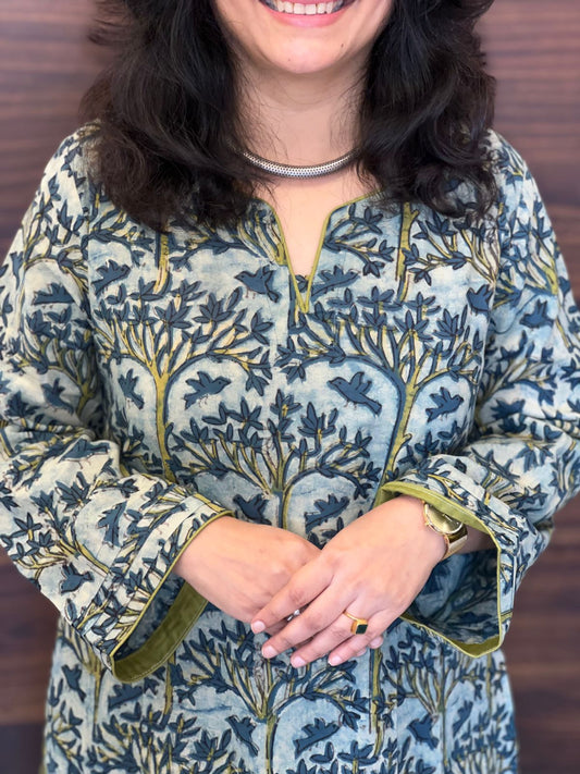 Green Color Vanaspati Hand Block Print Pure Cotton A Line Kurti