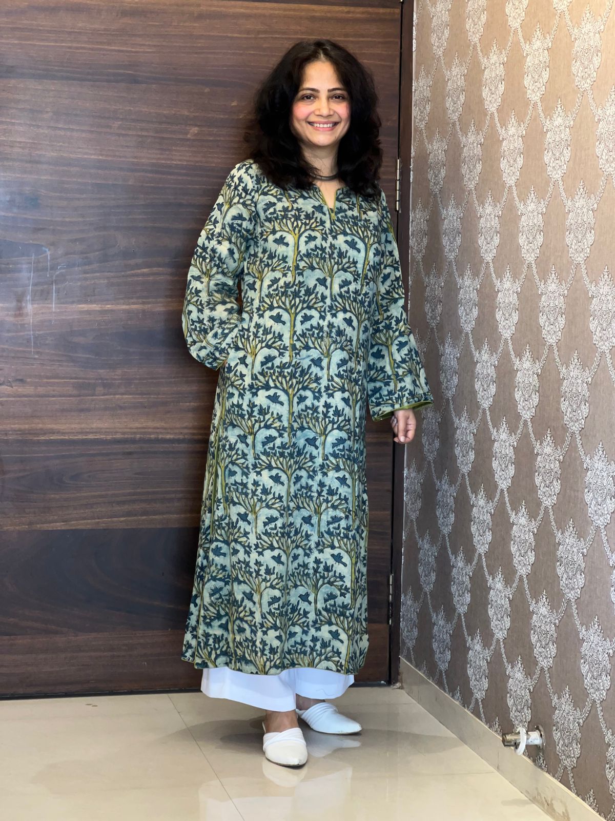 Green Color Vanaspati Hand Block Print Pure Cotton A Line Kurti