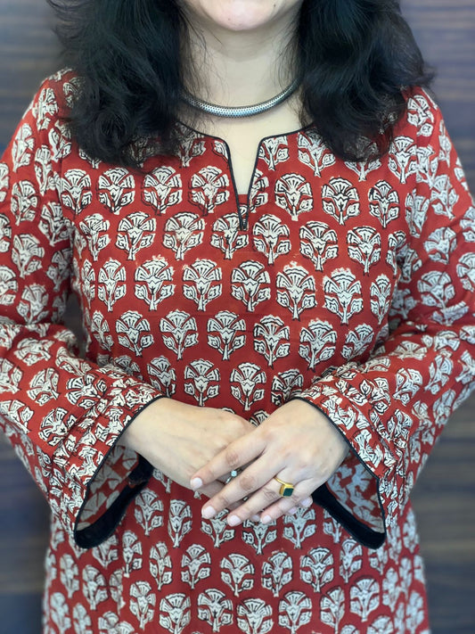 Red Color Dabu Hand Block Print Small Motifs Pure Cotton A Line Kurti