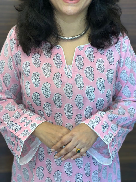Pink Color Bagru Hand Block Print Pure Cotton A Line Kurti