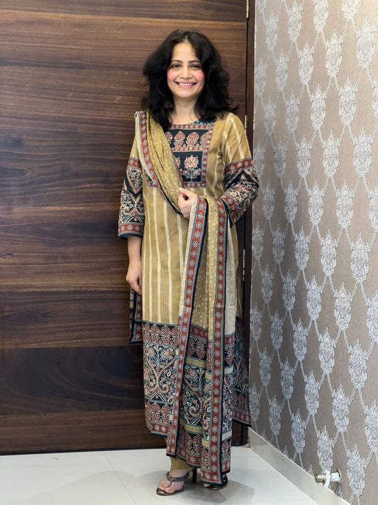 Digital Printed Mustard Yellow Colour Pure Cotton Dupatta Set