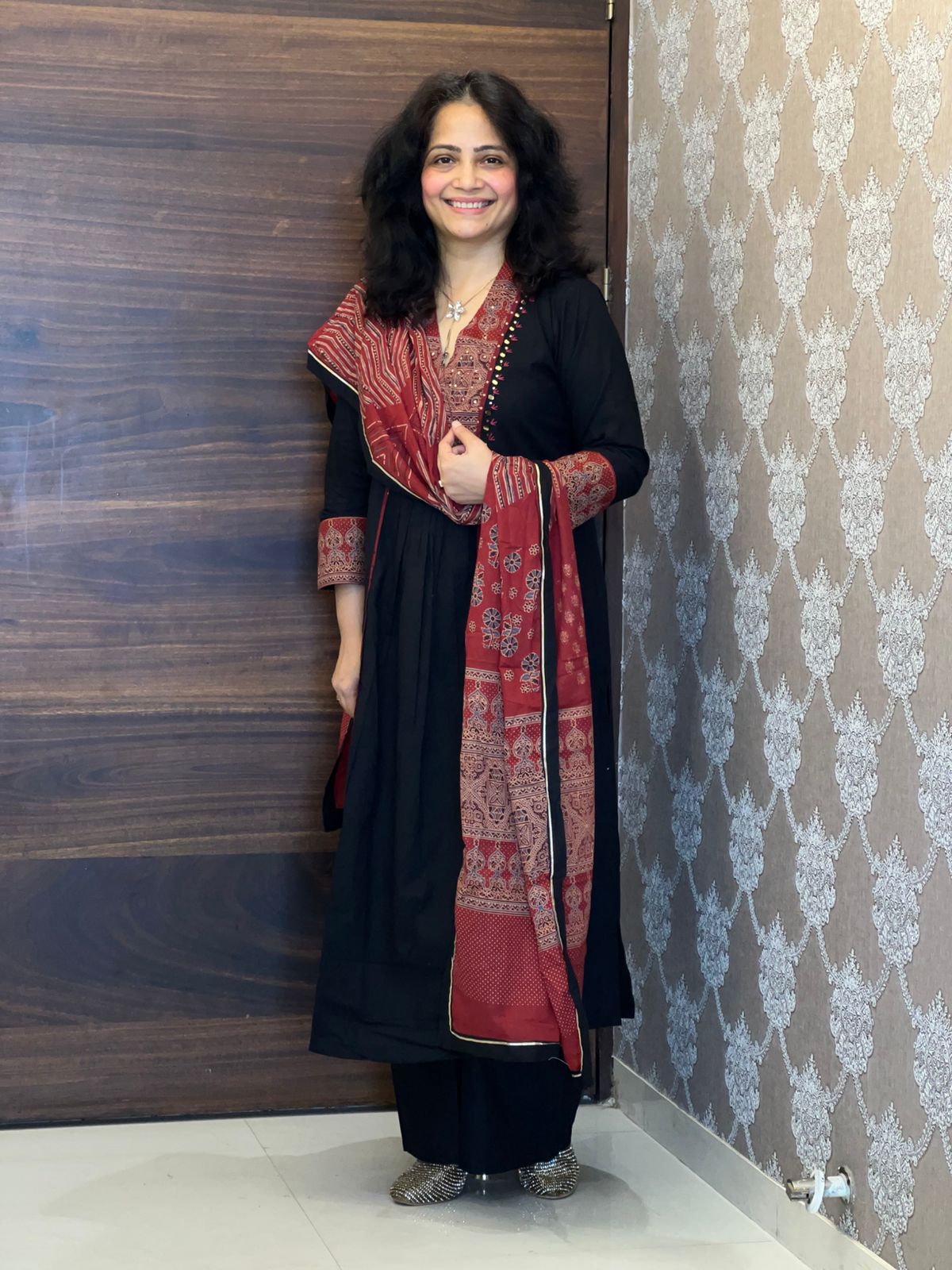 Black Colour Premium Cotton Dupatta Set With Ajrakh Patching