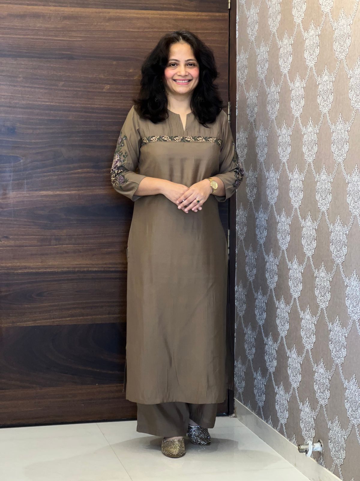 Coffee Brown Modal Muslin Kurti-Pant Set