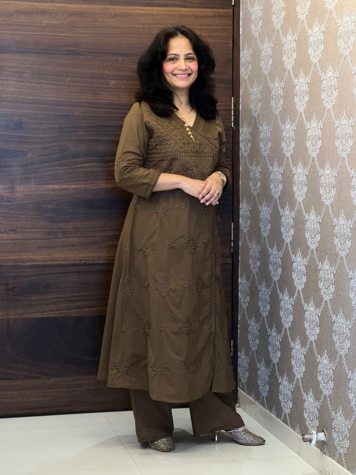 Olive Tan Chikankari Pure Cotton Angarkha Pattern Kurti-Pant Set