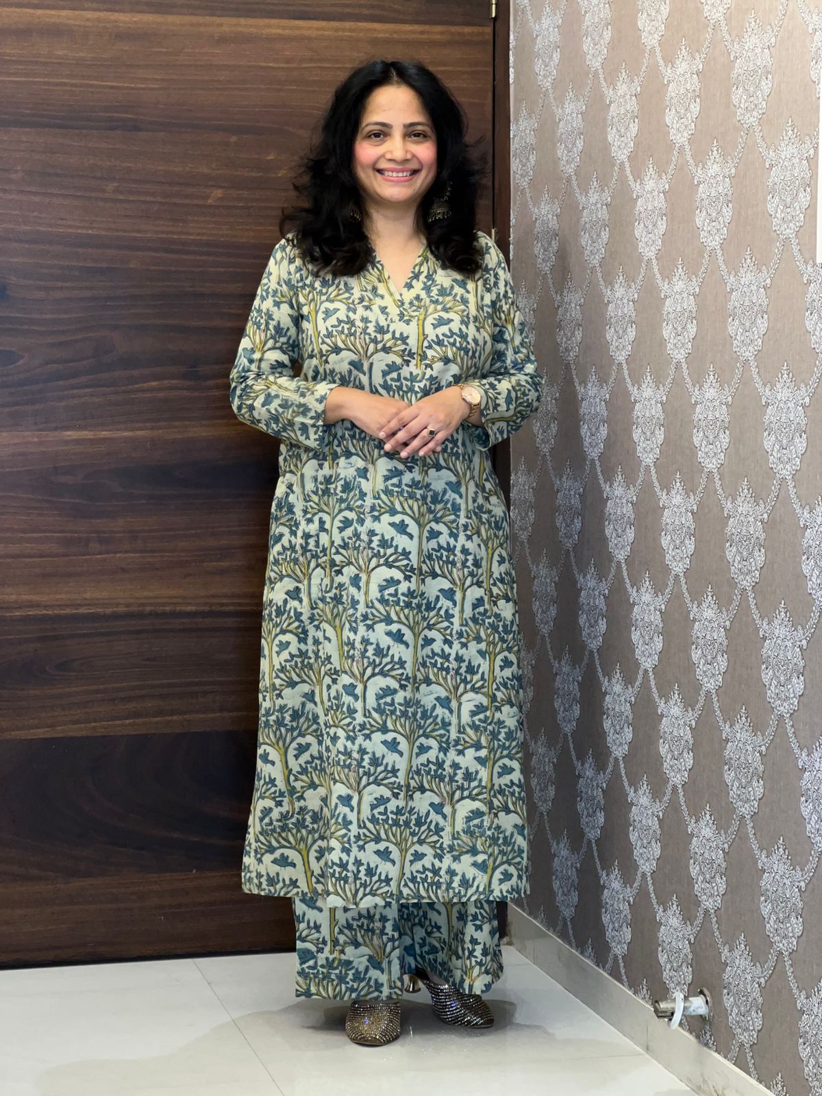 Green Color Vanaspati Hand Block Print Pure Cotton A Line Kurti-Palazzo Set