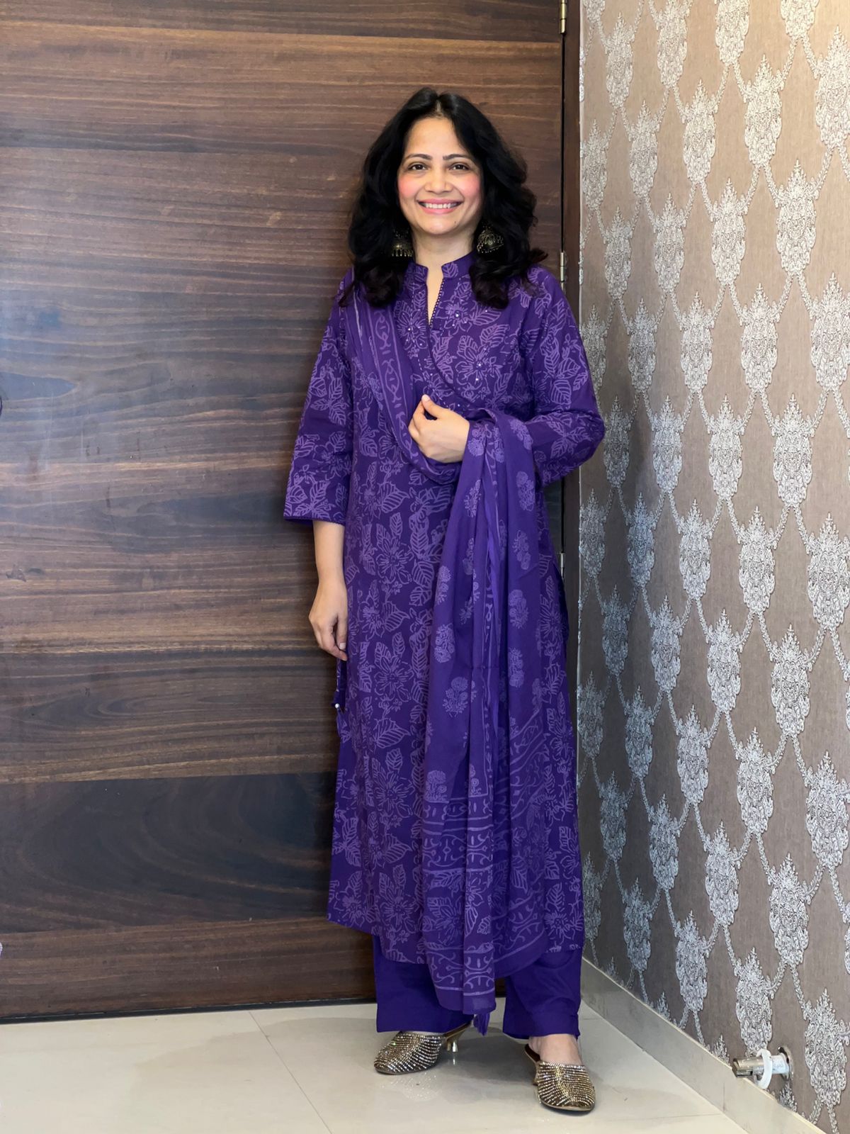 Deep Royal Purple Colour Angrakha Style Pure Cotton Dupatta Set