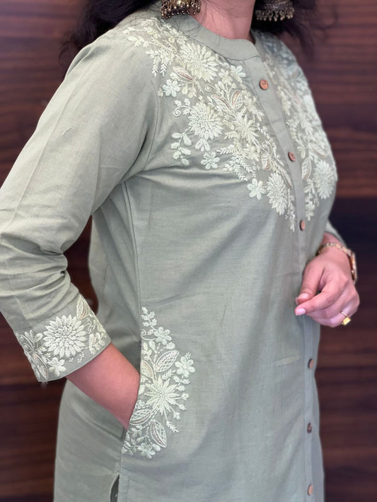 Sage Green Colour Cotton Flex Kurti-Pant Set